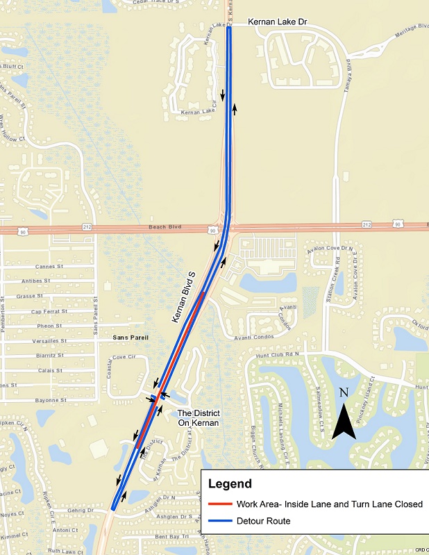 Kernan Boulevard South Detour Map